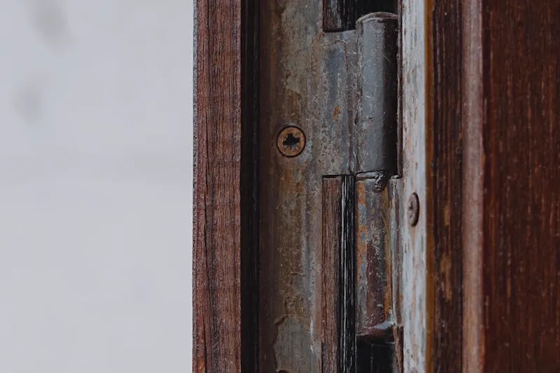 Close-up of a residential door hinge barrel showing signs of wear on the pin